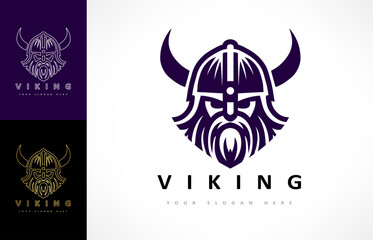 Viking logo. Nordic warrior design. Horned Norseman symbol. Barbarian man head with horn helmet and beard. Scandinavian sailors symbol.