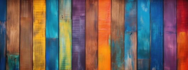 Grungy colorful wood strips. Wooden wall or floor of color full wood planks. Colorful spectrum of wood background. Hand edited generative AI. 