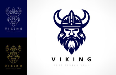Viking logo. Nordic warrior design. Horned Norseman symbol. Barbarian man head with horn helmet and beard. Scandinavian sailors symbol.