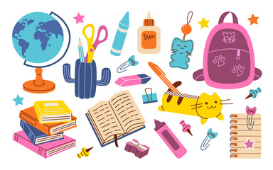 Set of schooi supplies. Back to school. Various accessories for study, student equipment. Cute school modern stickers.