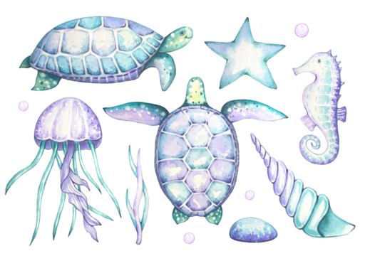 Nautical set with turtles, seahorses, algae, jellyfish, seashells, purple and turquoise colors, watercolor - Powered by Adobe