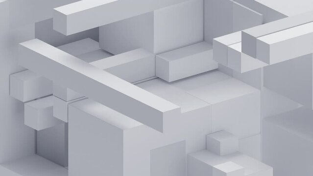 Abstract 3d animation, white geometric background with moving shapes, 4k seamless looped video
