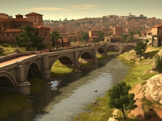 Naklejka premium Illustration of Ancient Rome with paved roads, river and Ancient buildings and bridges.