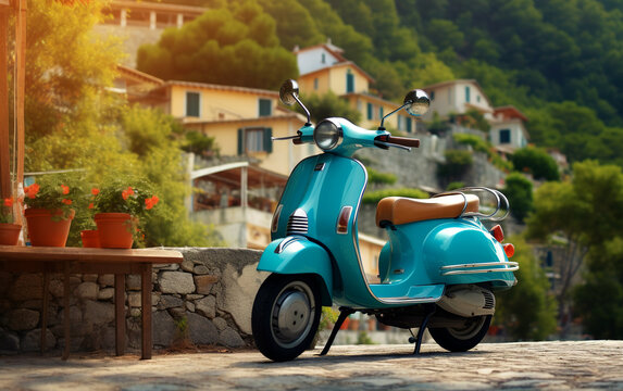 Fototapeta Old italian scooter on a beautiful italian streets. Generative AI.