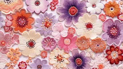 Floral background with embroidered volumetric flowers, light colors.