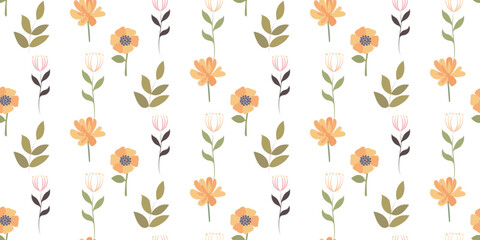 Seamless botanical childish pattern with orange flowers and luscious green foliage. Great for printing on fabric and paper. decor for textiles.