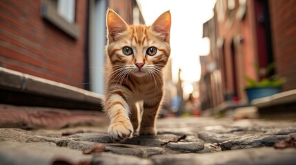 young stray kitten cat walking on urban town street, idea for animal rights concept, Generative Ai