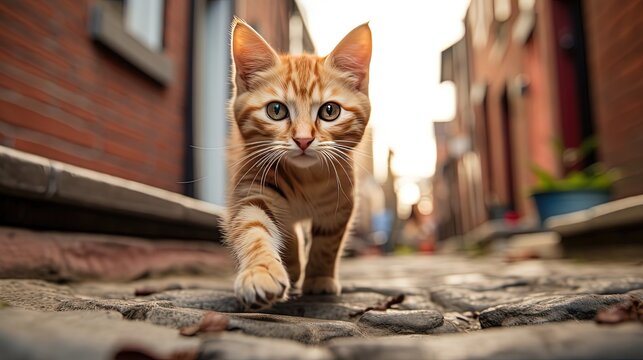 young stray kitten cat walking on urban town street, idea for animal rights concept, Generative Ai