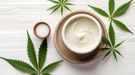 Obraz na płótnie Canvas Natural cosmetic concept containing cannabis. Moisturizing cream with CBD oil and hemp leaf on a white table, Generative AI