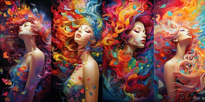 art illustration of beautiful fantasy woman rainbow hair swirl in wind portrait collection set, Generative Ai