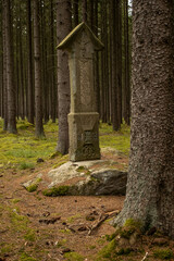 a stone structure of unknown origin, located in the forest, has ancient letters and drawings, as well as a crucifix