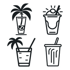 Assortment of cocktails black silhouette icons set isolated on white background.