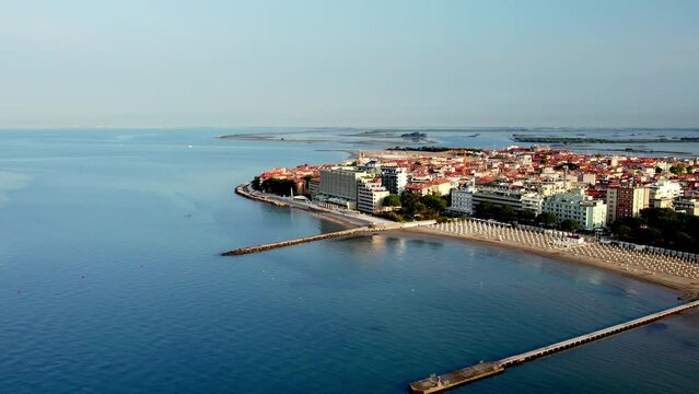Italy Grado birds view at early morning with blue sky at the ocean Mediterranean Sea