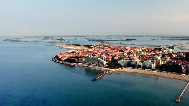 Italy Grado birds view at early morning with blue sky at the ocean Mediterranean Sea
