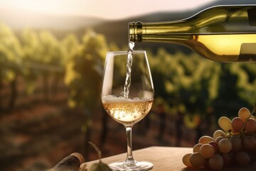 white wine from a bottle is poured into a glass on the background of vineyards .generative ai.