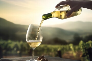 white wine from a bottle is poured into a glass on the background of vineyards .generative ai.