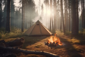 travel concept. bonfire near the tent in the forest .generative ai.