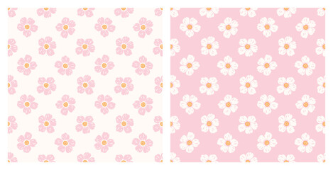 Two Vector Summer Floral Seamless Patterns. Flowers of Strawberry or Fruit Tree Flower such as Cherry, Pear, Plum or Apple tree. Great for Textile, Wrapping Paper, Packaging etc. Pink colors