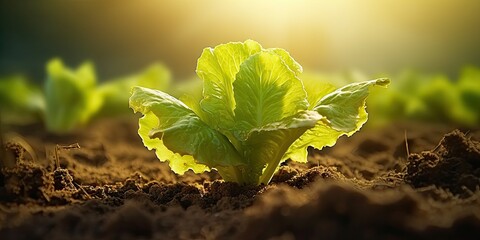 Fresh Organic Lettuce Plant Growing in Garden Soil - obrazy, fototapety, plakaty