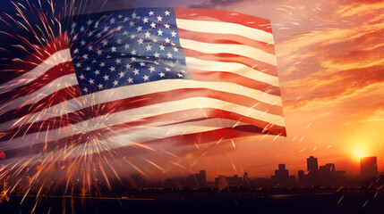 American flag on the wind American Celebration - Usa Flag And Fireworks At Sunset, AI-Generated