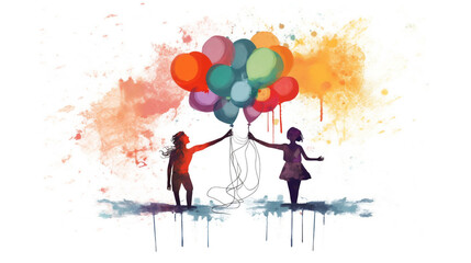 A whimsical vector sketch of two friends reaching out their hands towards each other, with colorful balloons floating above them, symbolizing the joy and celebration of Friendship Day, AI Generated