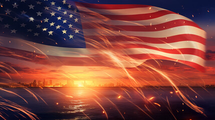 American flag on the background of stars American Celebration - Usa Flag And Fireworks At Sunset, AI-Generated