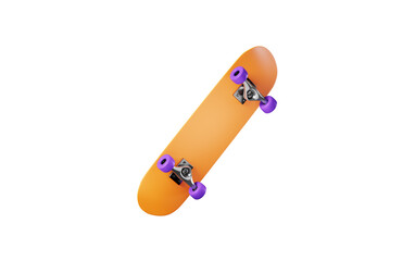 Orange skateboard with purple wheels isolated on transparent background,png,3d rendering,3d illustration