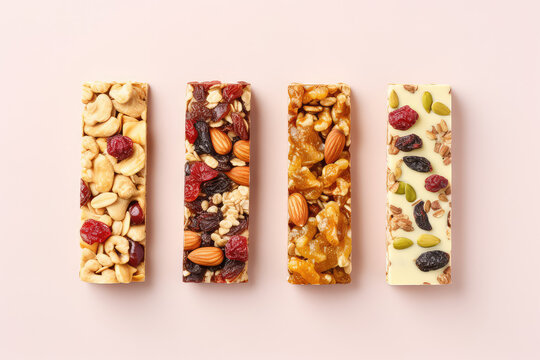 Top view of various healthy granola bars, muesli, cereal, nuts. Set of energy, sport, breakfast and protein bars isolated on pastel pink background. Copy space for text. Generative AI photo.