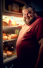 An overweight man has a late night snack, stands in front of the open refrigerator and looks ruddy and smiling - obrazy, fototapety, plakaty