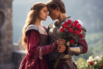 Romantic medieval fantasy princess in love and her lover knight in shining armour embracing, against a backdrop of a castle and blooming flowers. Inspired by Legends of King Arthur