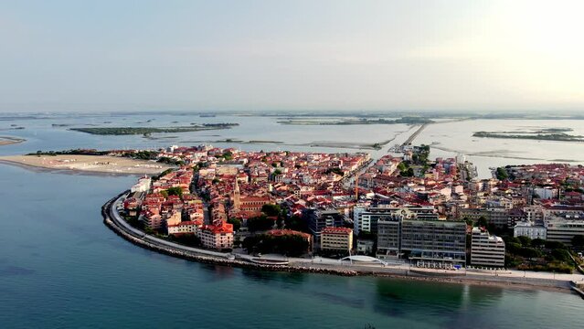 Italy Grado birds view at early morning with blue sky at the ocean Mediterranean Sea