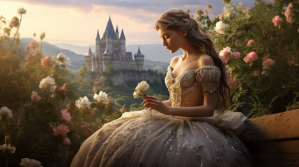 A daydreaming, fantasy princess with lush hair, adorned in a lovely dress, immersed in thoughts of her knight in shining armor, amidst a scenic backdrop of mountains, a castle, blooming flowers