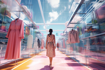 Generative AI. metaverse universe, virtual reality and digital avatars concept. girl chooses clothes in virtual shopping in pink and blue colors. 