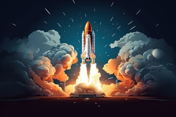 Obraz premium Space rocket launch flying toward the clouds believable rocket icon Having a successful company concept, generative ai