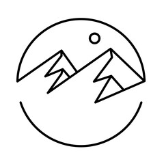 Round minimalist mountain logo with sun. The concept of hiking in the mountains. Outdoor recreation. Geometric mountains. Drawn black and white mountain peaks.