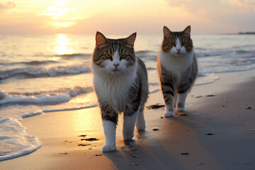 two cute cats on the beach