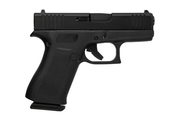 Modern semi-automatic pistol isolate on a white background. Armament for the army and police. Short-barreled weapon