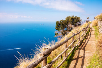 Scenic coastal path along sea on Amalfi coast in Italy