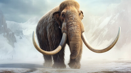 Mammuthus primigenius. Ice Age gigantic mammoth with thick fur.