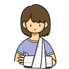 A woman physical injury broken bandage illness an accident. Broken arm in a bandage. Hand drawing cartoon PNG transparent.	