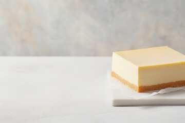 Classic vanilla cheesecake New York slice on a light kitchen background. Generative AI photo.