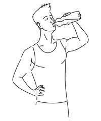 Benefits drinking water in coloring style. Healthy human body hydration, man with bottle drinks water. Healthcare drink illustration. Healthy Lifestyle concept