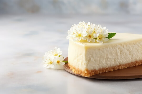 Classic vanilla cheesecake New York slice with flower on a light kitchen background. Generative AI photo.