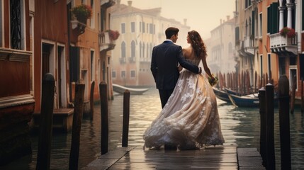 romantic snapshot of a couple in love in Venice - people photography