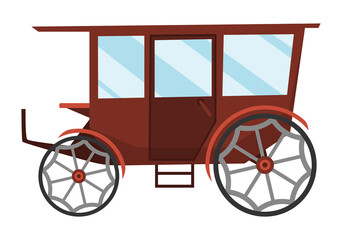 Carriage cartoon. Vintage transport with old wheels. Antique transportation of royal coach, chariot or wagon for traveling. Cab - wedding carriage. Retro cart icon design - obrazy, fototapety, plakaty