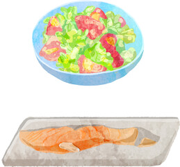 サラダと焼き鮭の水彩ベクターイラスト