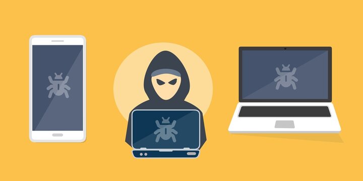 Hacker, criminale informatico con laptop che ruba i dati personali degli utenti. Attacco hacker e sicurezza web. Concetto di phishing su Internet. Hacker in cappuccio nero con laptop che cerca di atta
