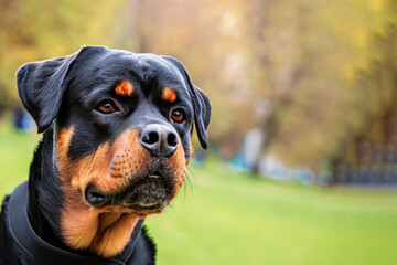 Rottweiler dog, close-up, against the background of a city park