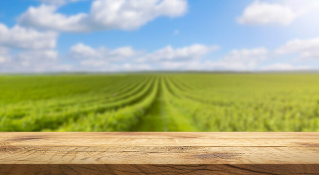 Empty wooden surface on the background of a vineyard on a bright sunny day.