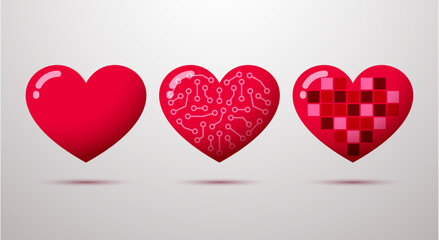 Set of human hearts and artificial intelligence.